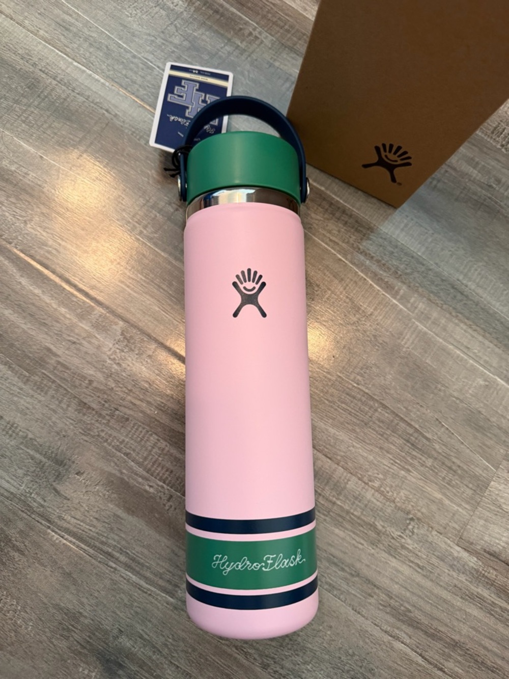 Hydro Flask Pink Bottle with Green & Navy Accents - 24oz Wide Flex Straw Cap